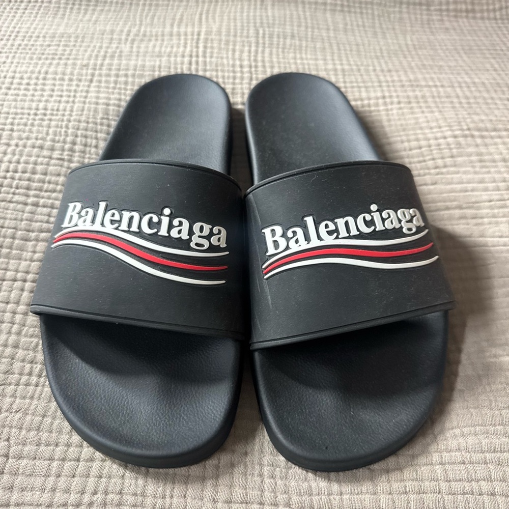 Balenciaga Black Slides with Red and White Accents